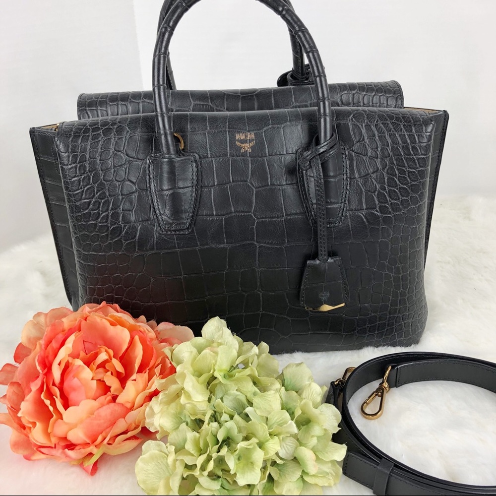MCM Milla Medium Crocodile Black tote purse